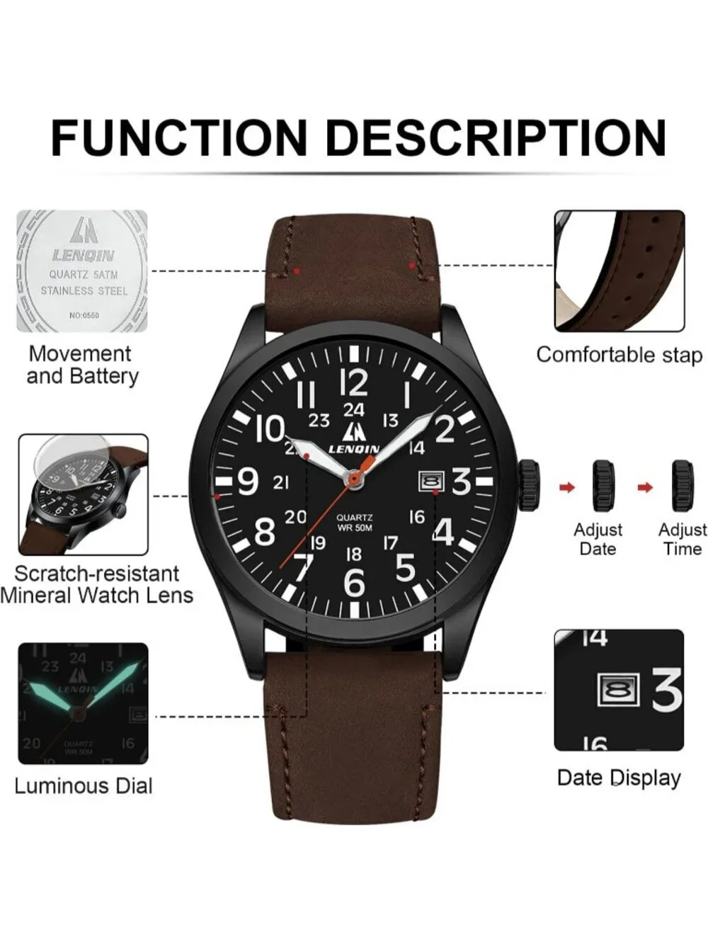Men's Brown Black Nylon Strap Stylish Luminous Unisex Military Tactical Watch
